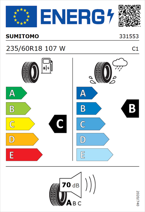 Tyre Label for Sumitomo BC100 235/60R18 107W