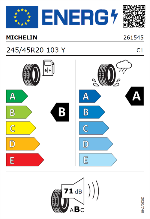 Tyre Label for Michelin Pilot Sport 4 245/45R20 103Y