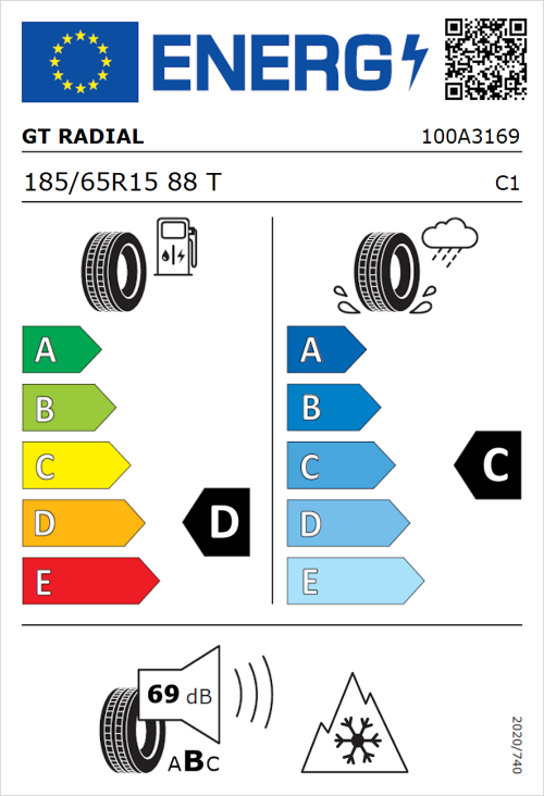 Tyre Label for GT Radial WinterPro 2 185/65R15 88T
